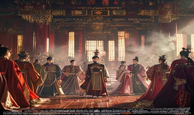 国产古装大剧《山河万里》剧照，宏大宫廷场景中演员身着华服对峙，光影考究、画面史诗感十足，代表2026年国产视频精品古装剧水准