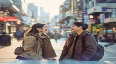 国产都市爱情剧《都市奇遇记》剧照，男女主角在现代都市街头相遇，画面明亮温馨，体现国产视频都市题材的生活质感